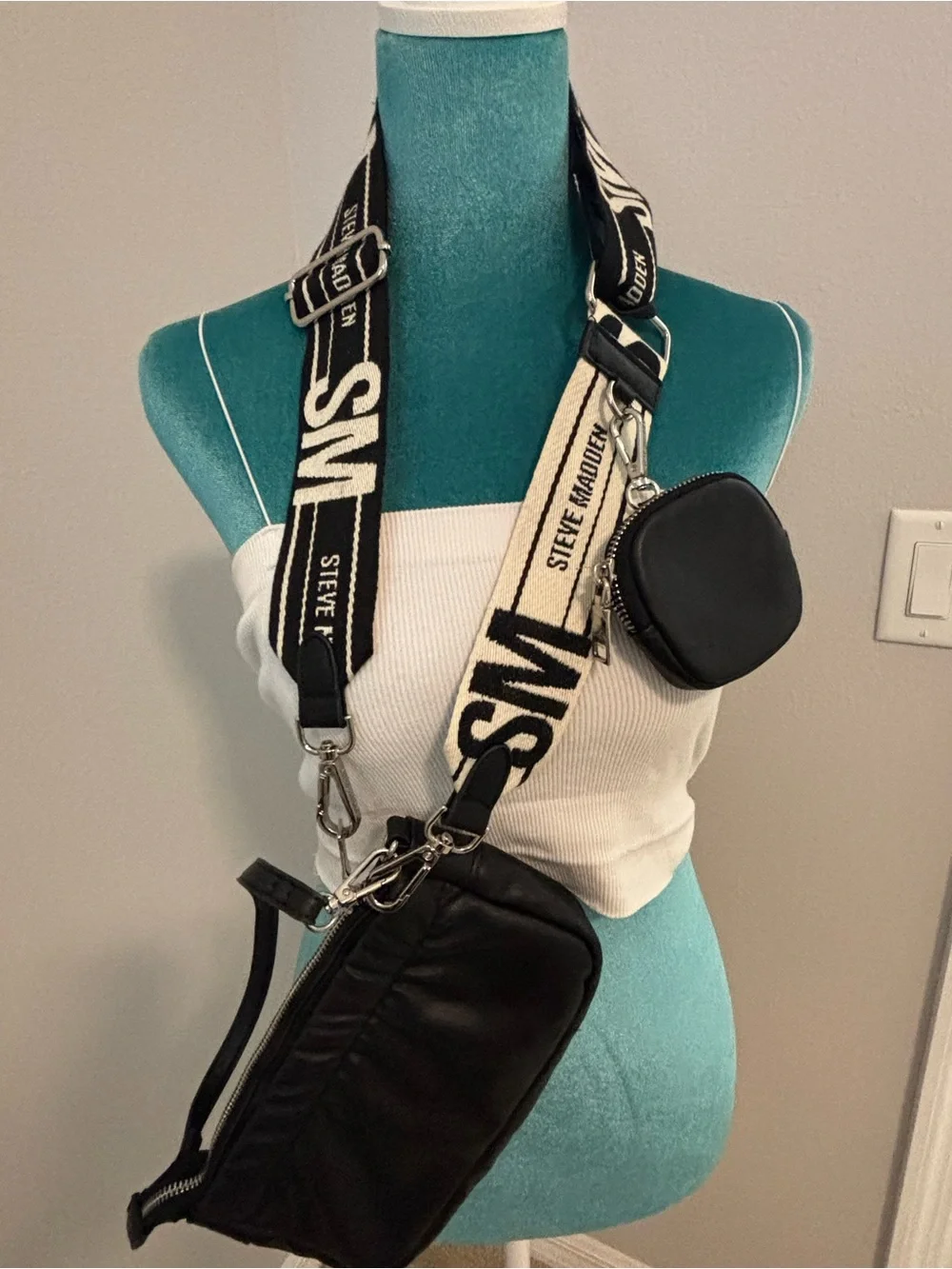 Steve Madden Black Quilted Crossbody with Striped Logo Strap